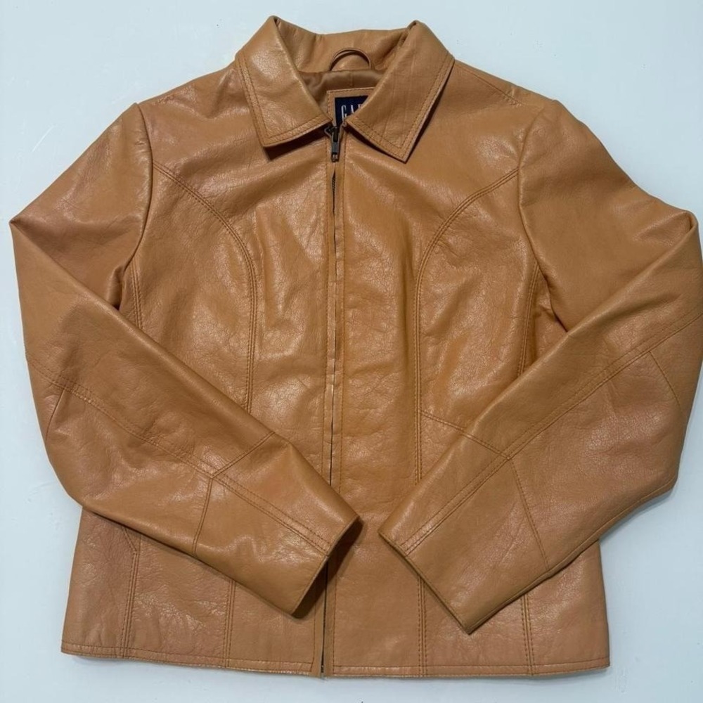 GAP Genuine Leather Jacket Women's Small – Camel Tan Minimalist‎ Y2K Moto Style